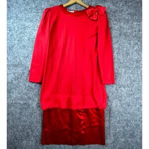 Vintage‎ Parnes Feinstein Sheath Dress Large Red Bow Satin 60s MOB Career Office
